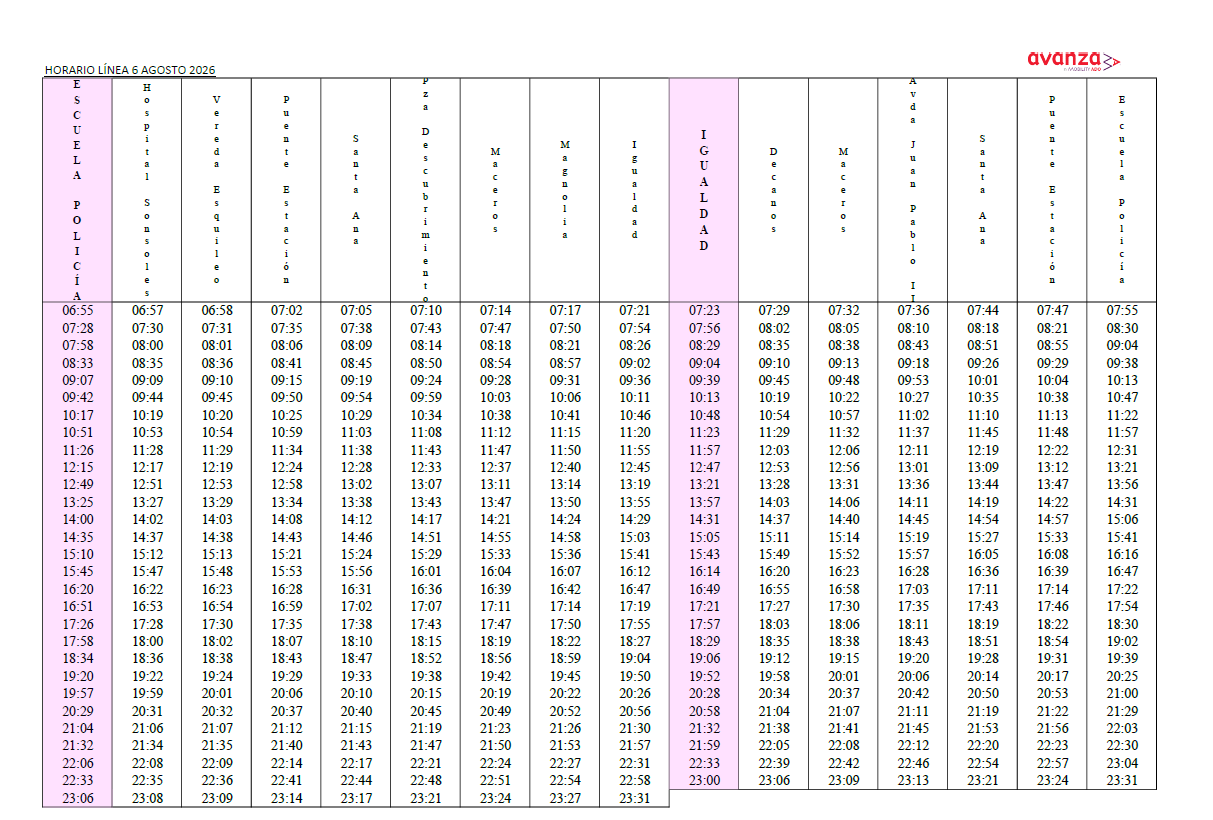 HORARIO ESPECIAL LABORALES LÍNEA 6 AGOSTO 2026