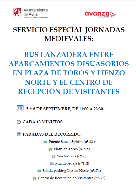 Servicio Especialdesde Plaza de Toros para el Mercado Medieval.Sábado 5 y Domingo 6.